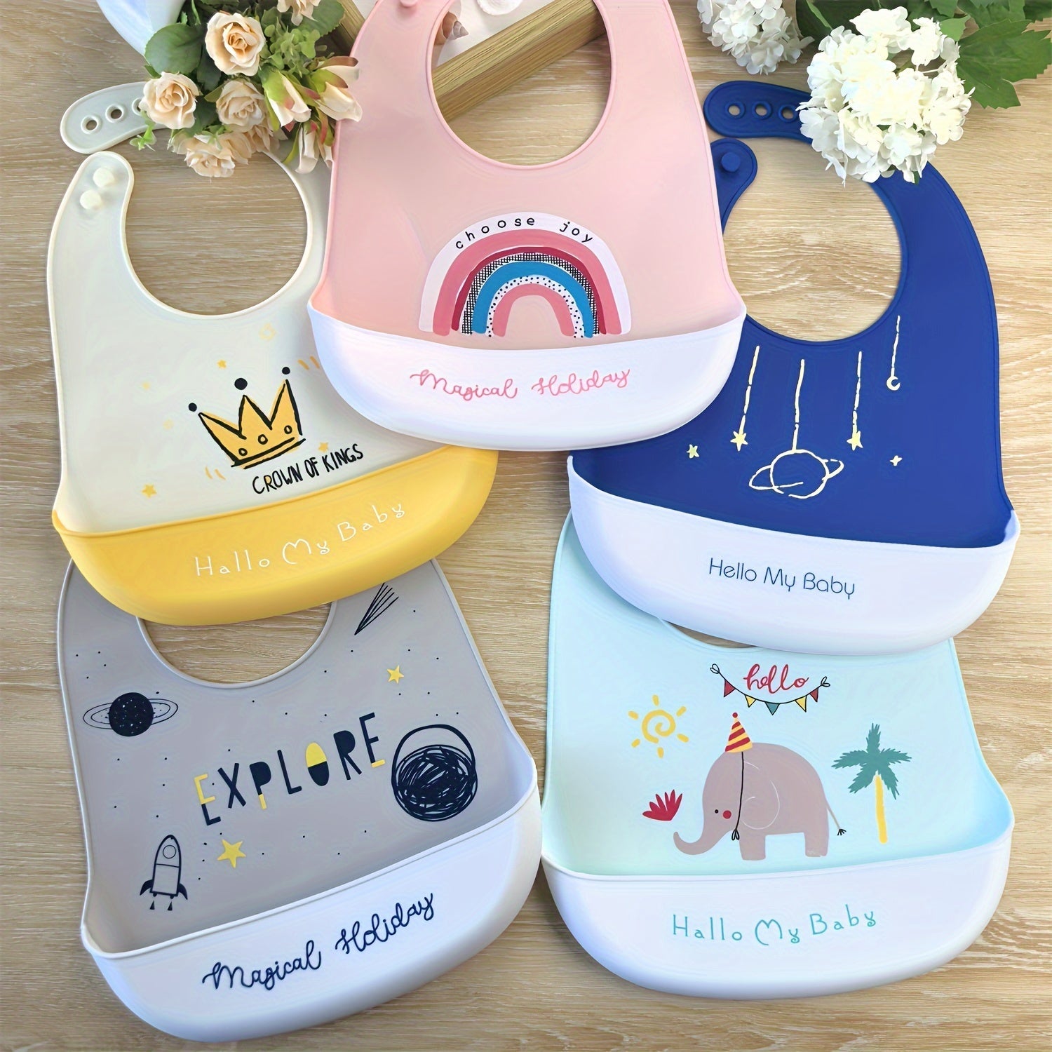 Silicone Kids Bib Pink Waterproof with Rainbow Crown Space Design for Boys Girls