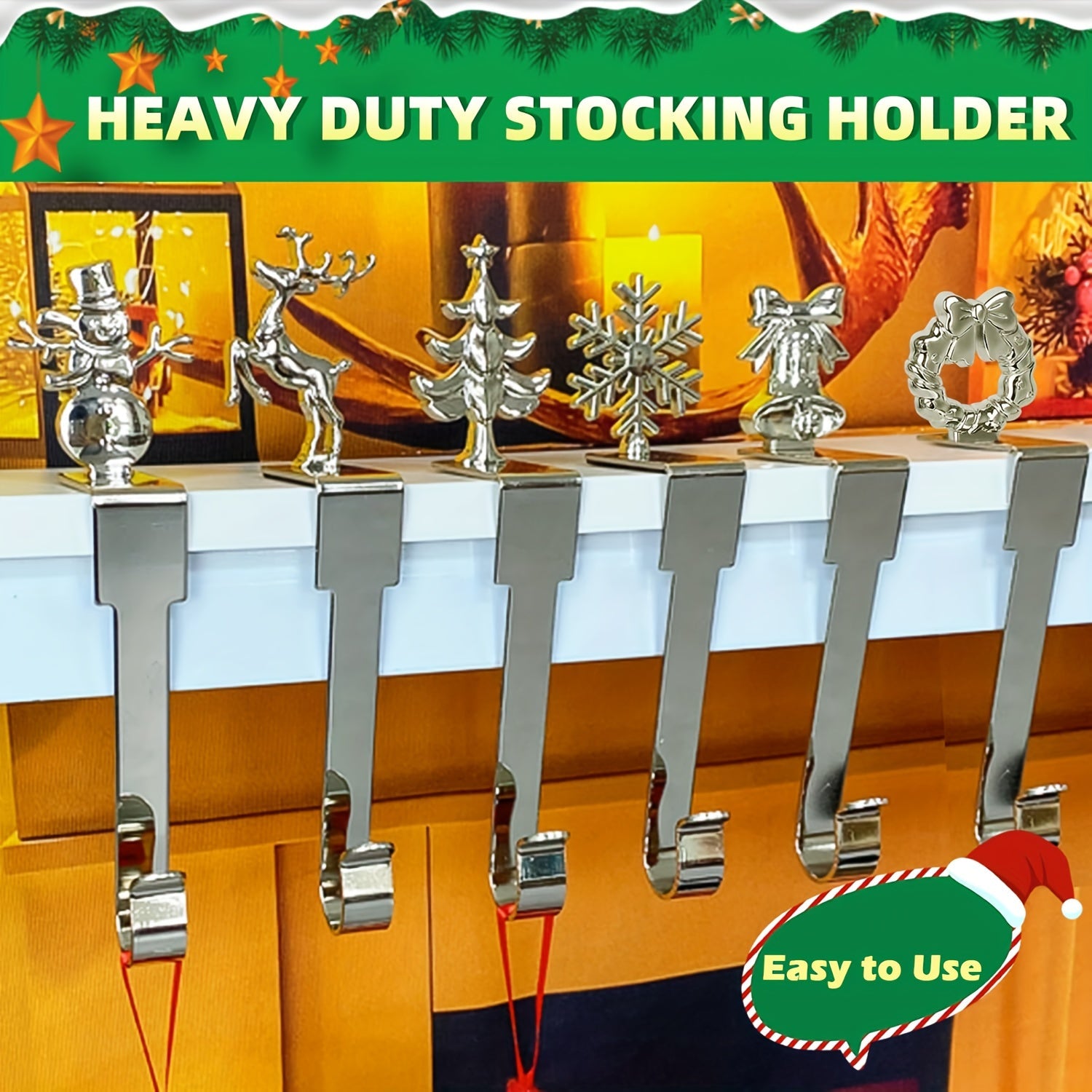 Set of 4 Metal Christmas Stocking Holders with Snowman Reindeer Tree Designs