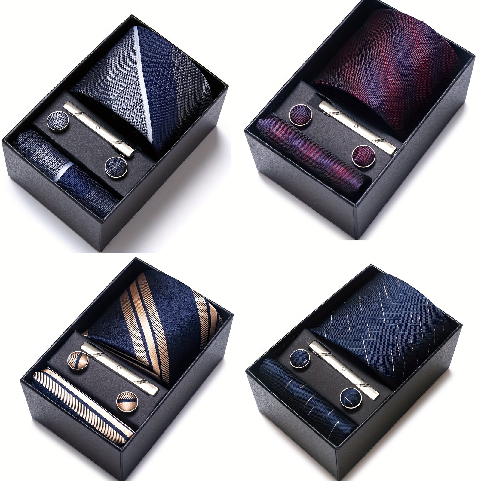Men's Gift Box Set with Tie, Pocket Square, Cufflinks and Tie Clip for Weddings