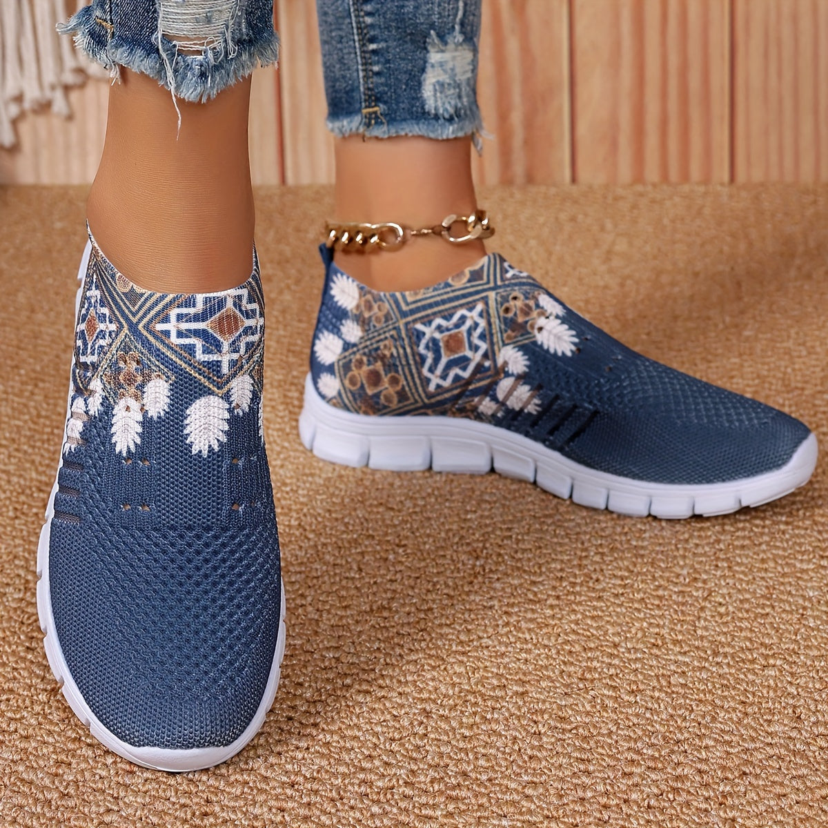 Women's Blue Knit Fabric Slip-On Sneakers with White Floral Patterns and EVA Sole