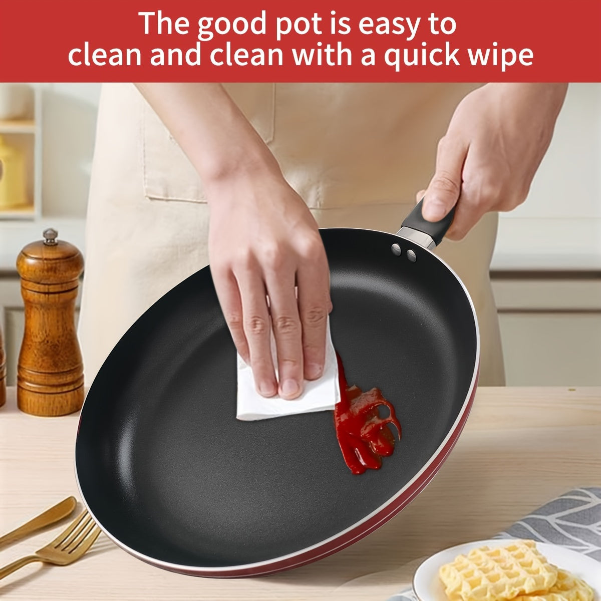 Red Aluminum Non-Stick Skillet 27.43cm for Omelets and Pancakes