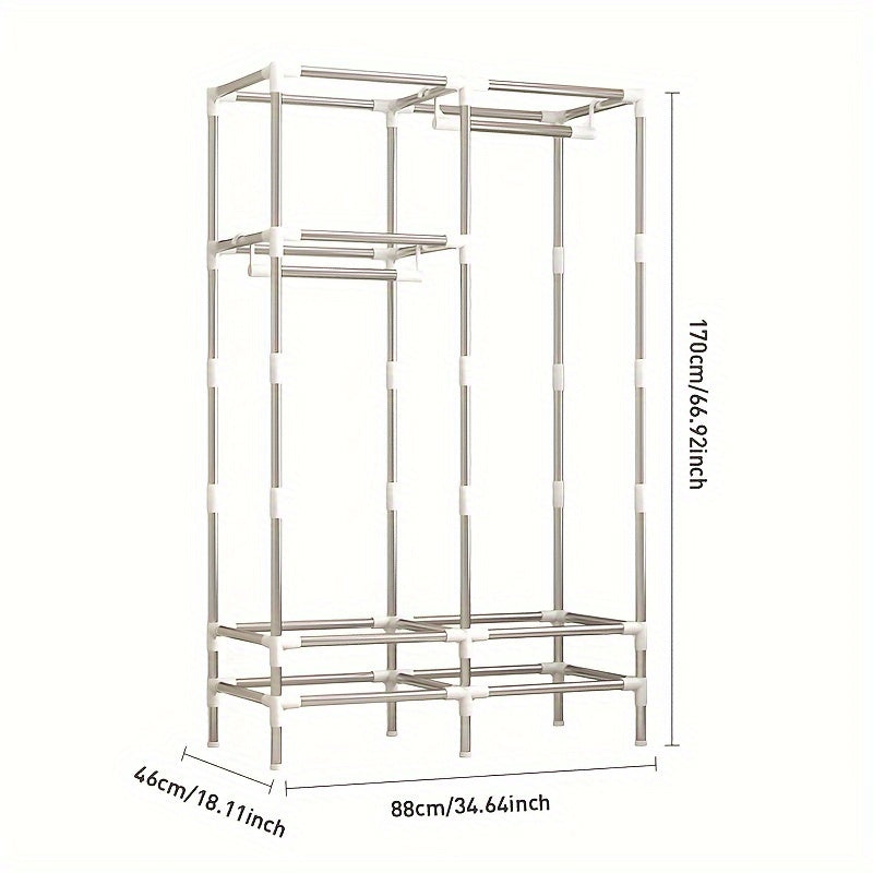 Этот шкаф для спальни имеет простой дизайн и изготовлен из прочной ткани из оленя. Он прочный, пылезащищенный и включает в себя стальную раму и толстые ремни для дополнительного усиления. Шкаф имеет три вешалки для одежды, четыре ящика и