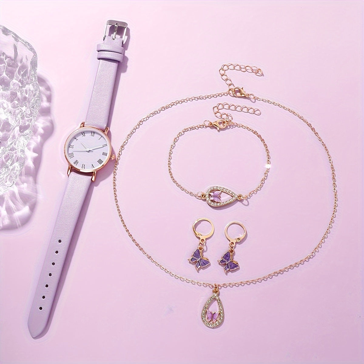 Ayollar uchun zargarlik to'plami, 5 ta qism, kvarts soat bilan, charm strap, an'anaviy moda aksessuarlari