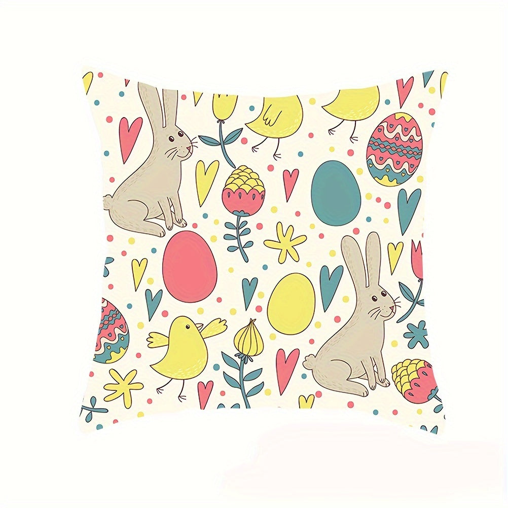 Easter Bunny and Eggs Pillow Cover Square 44cm Stain-Resistant Polyester Hidden Zipper Decor