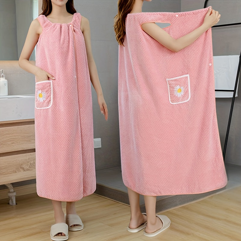 Light Blue Coral Fleece Bath Towel with Daisy Pocket Soft Absorbent Machine Washable