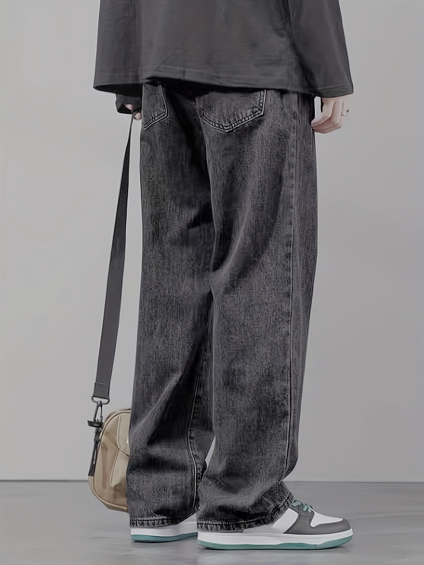 Men's Black Washed Denim Pants Loose Fit All-Season Casual with Fold Design