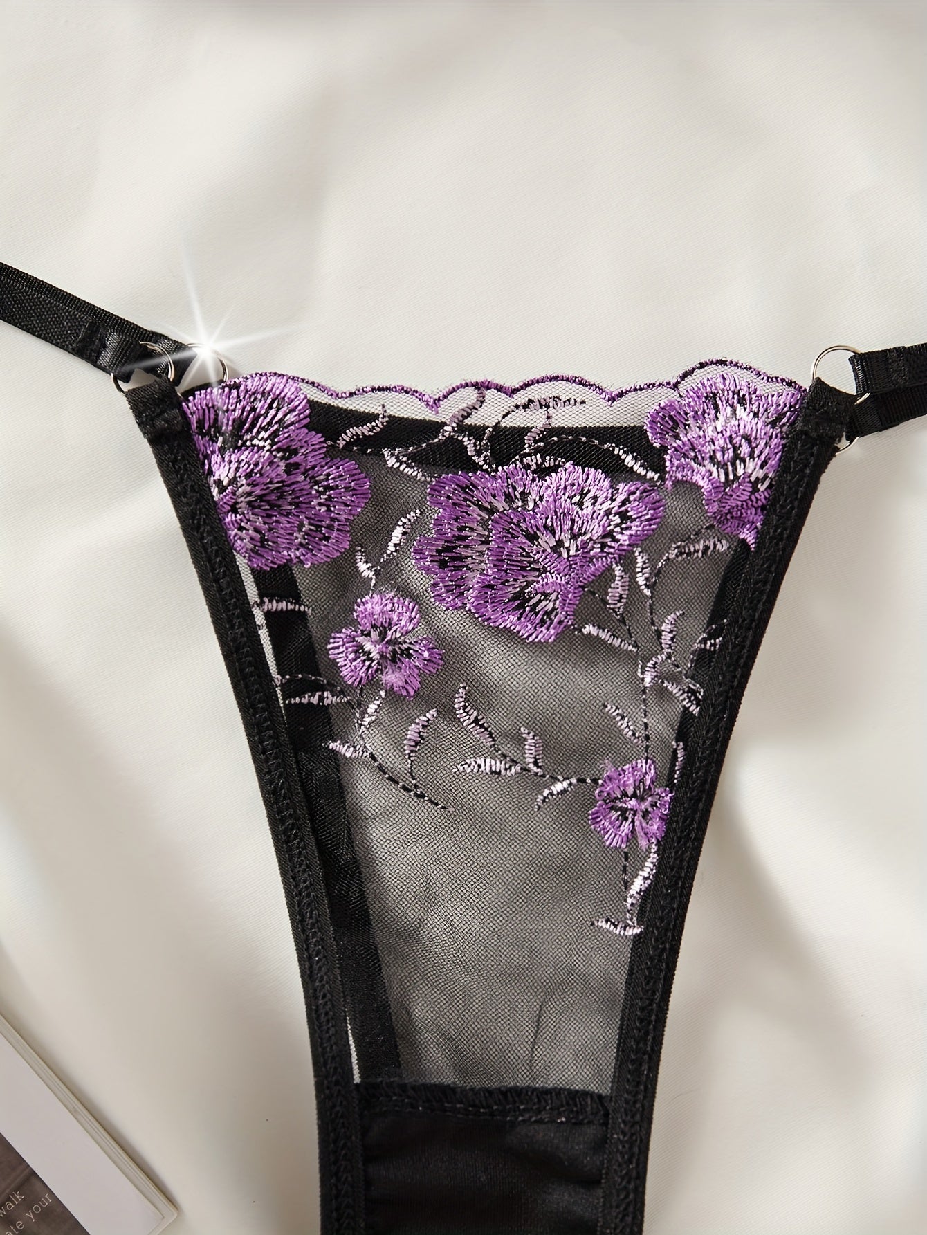Women's Floral Embroidered Lingerie Set with Sheer Mesh Bra and Thong