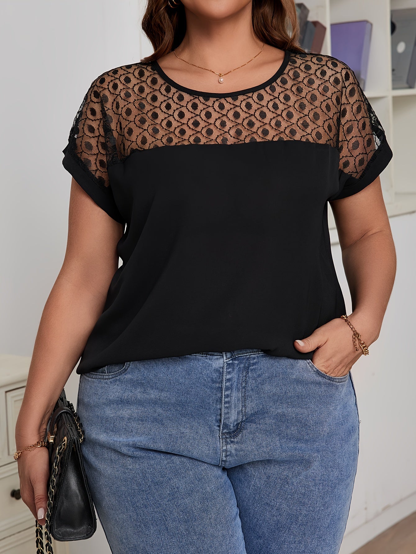 Women Plus Size Lace Stitching Crew Neck Blouse Casual Short Sleeve Spring Summer