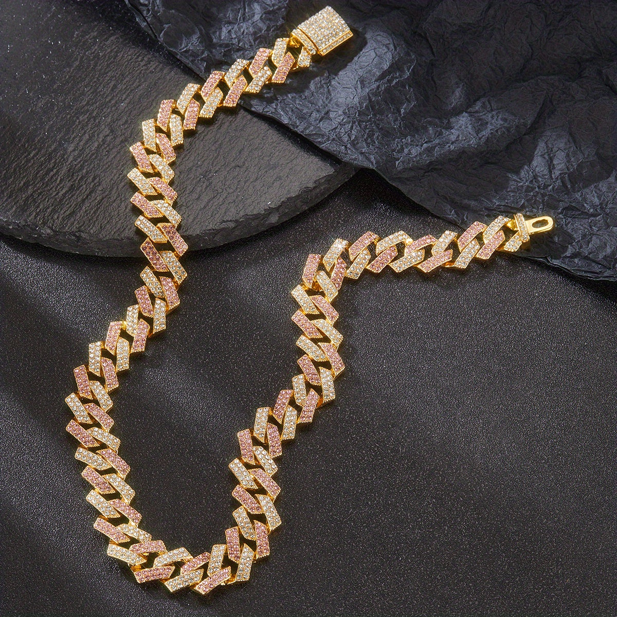 Men's Silver Pink Blue Cuban Link Chain Iced Out Lab Faux Diamonds Miami Necklace Choker