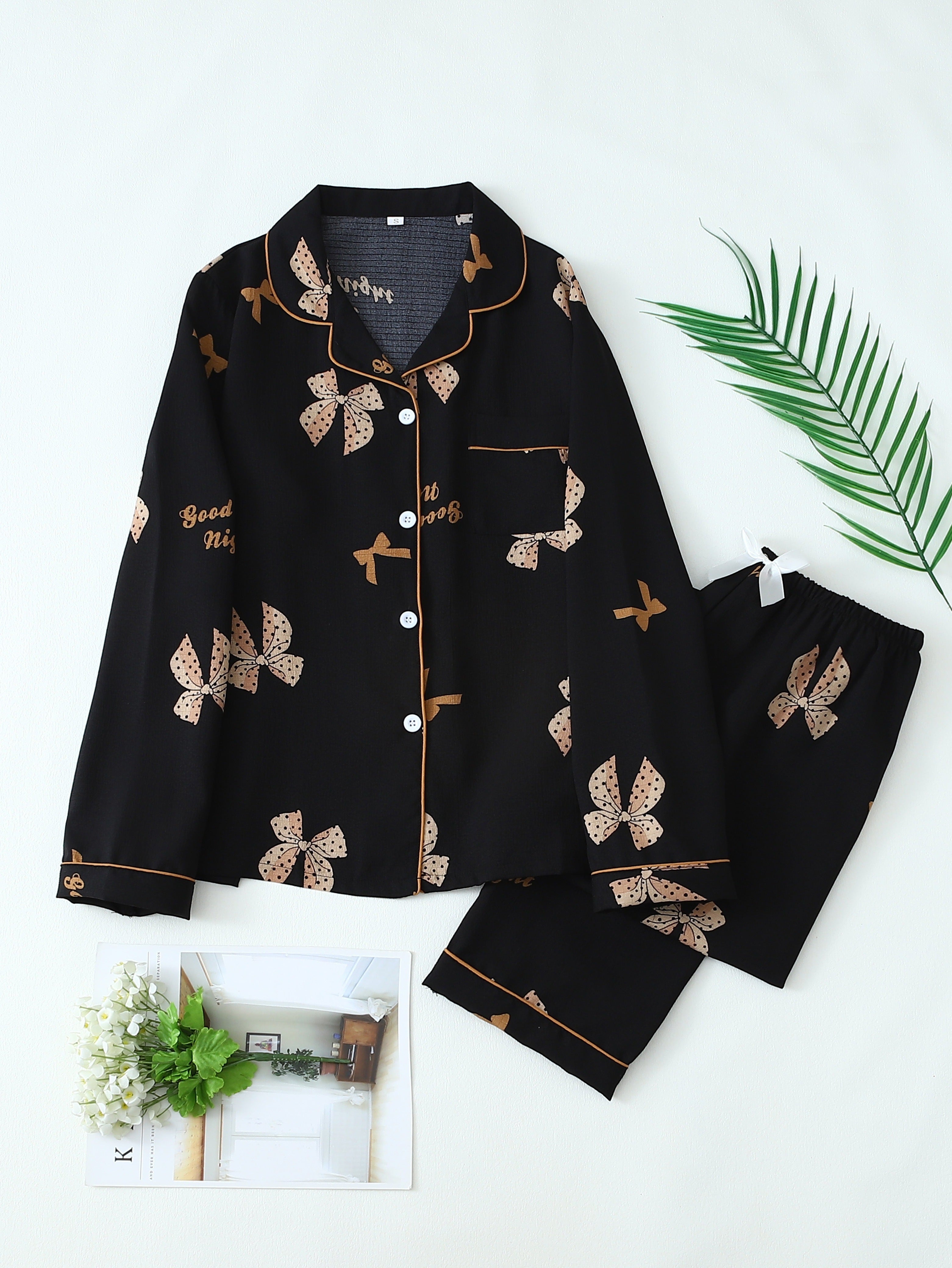 Teen Girl Pajama Set with Bow Print Soft Polyester Lounge Sleepwear