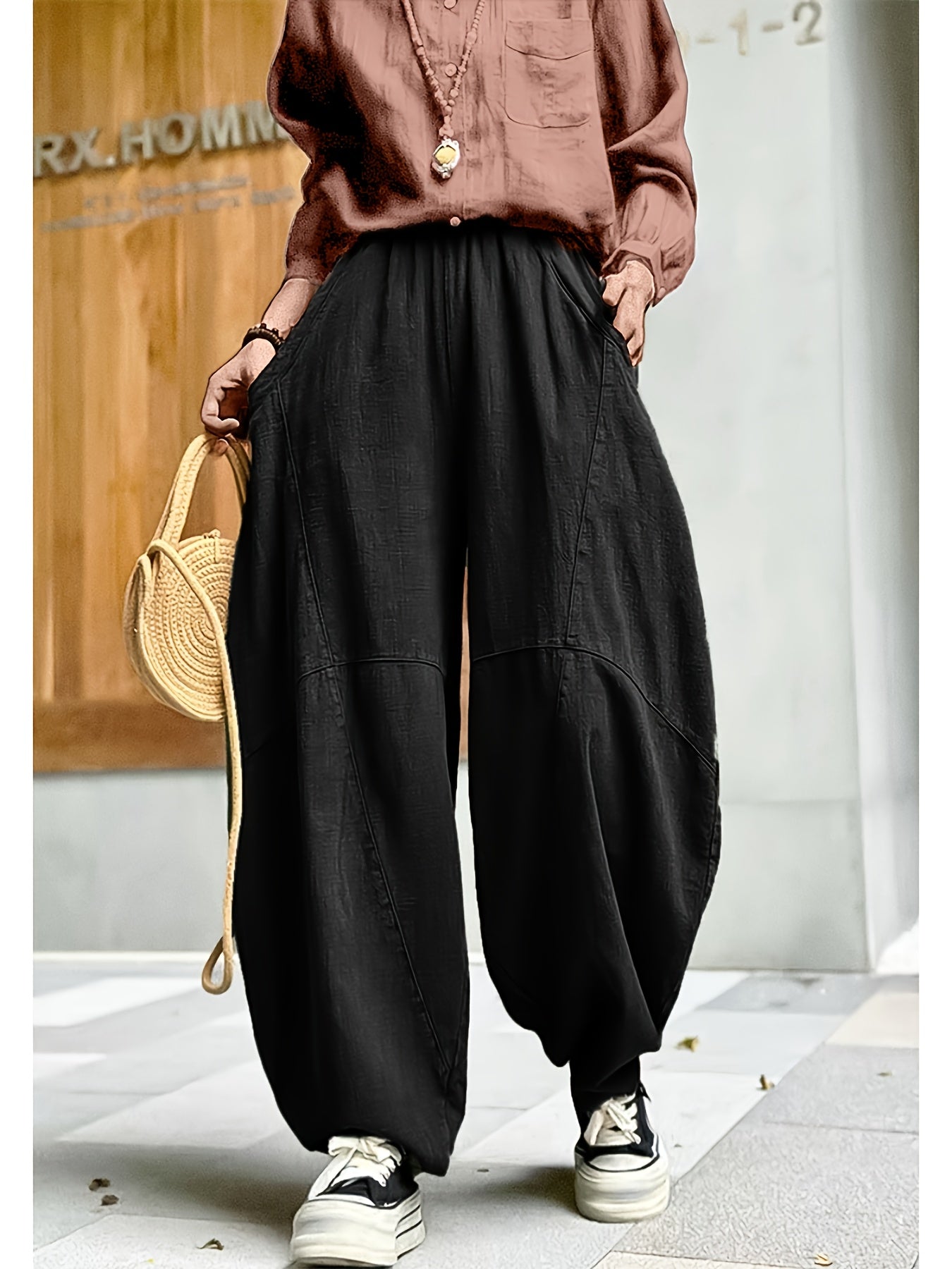 Women's Black Harem Pants with Elastic Waist and Side Pockets