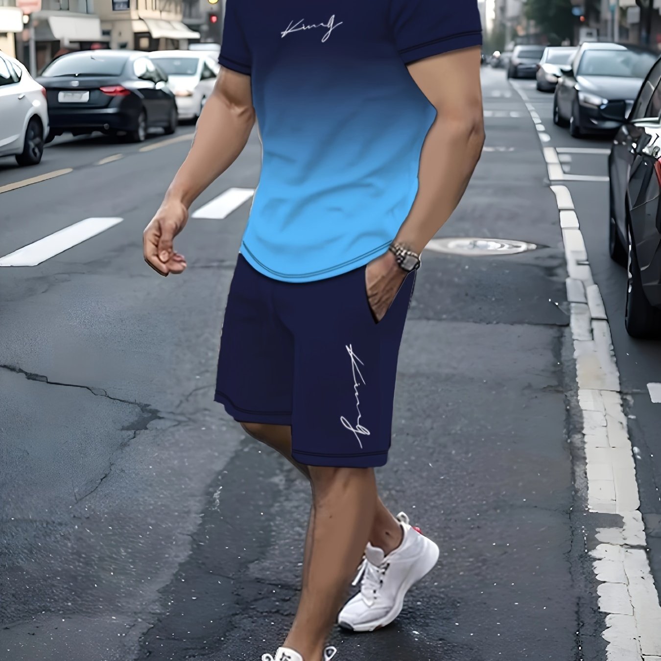Men's Two-Piece Athletic Outfit Summer Casual T-Shirt and Shorts Polyester Stretch Printed