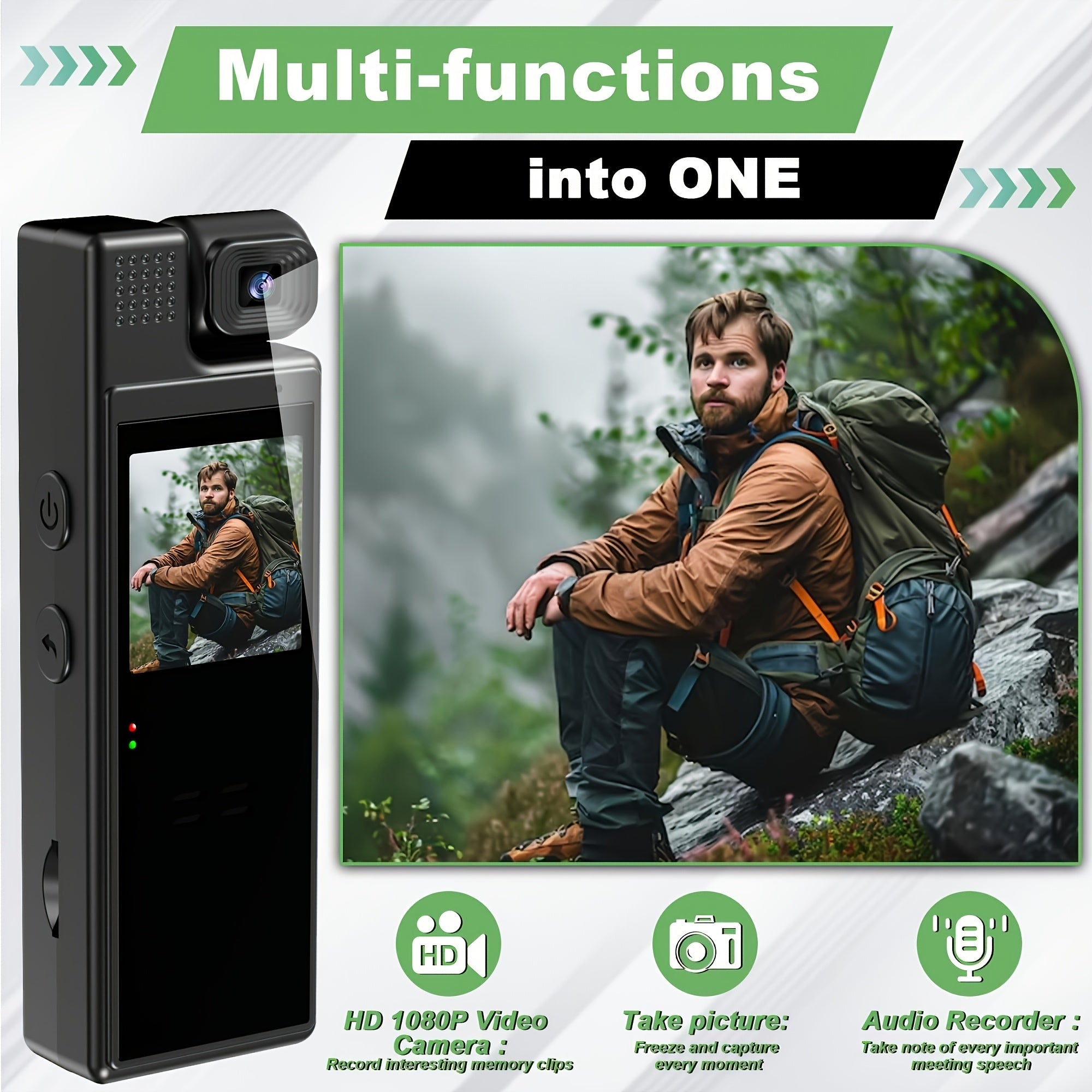 Cámara de acción negra con lente giratorio de 180°, batería extendida y detección de movimiento