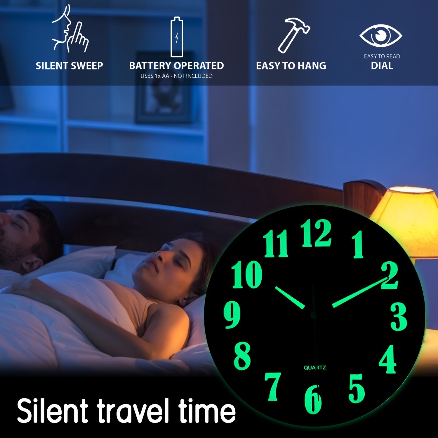 8-Inch Wall Clock with Luminous Green Numerals Silent Battery-Powered for Living Room Bedroom Outdoor