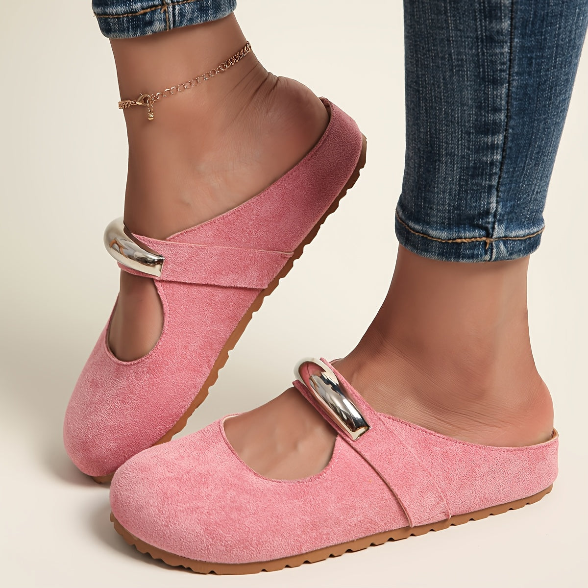 Women's Slip-On Loafers with Metal Buckle Fabric Upper EVA Sole