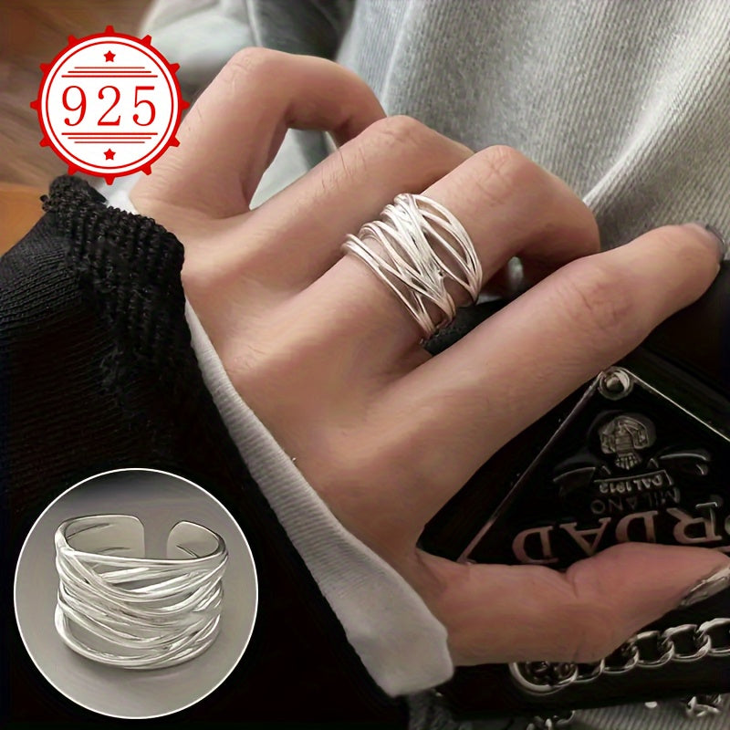 Anillo de dedo de cara ancha ajustable, hipoalergénico, de plata 925 con cruce de bandas, para mujeres y hombres