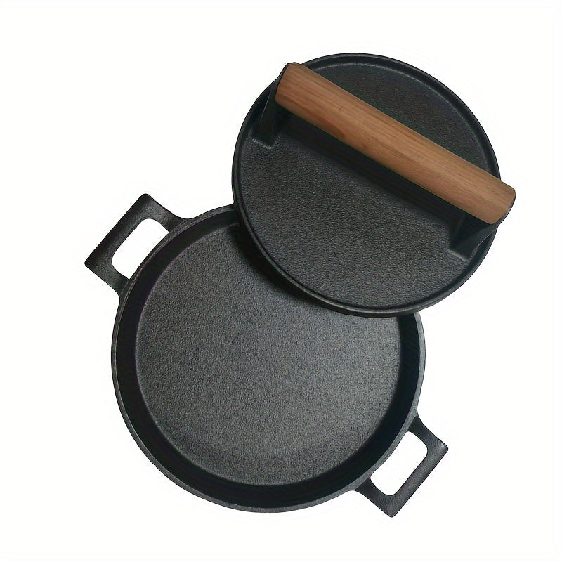 Cast Iron Frying Pan Meat Press and Steak Board Set for Grilling and Cooking