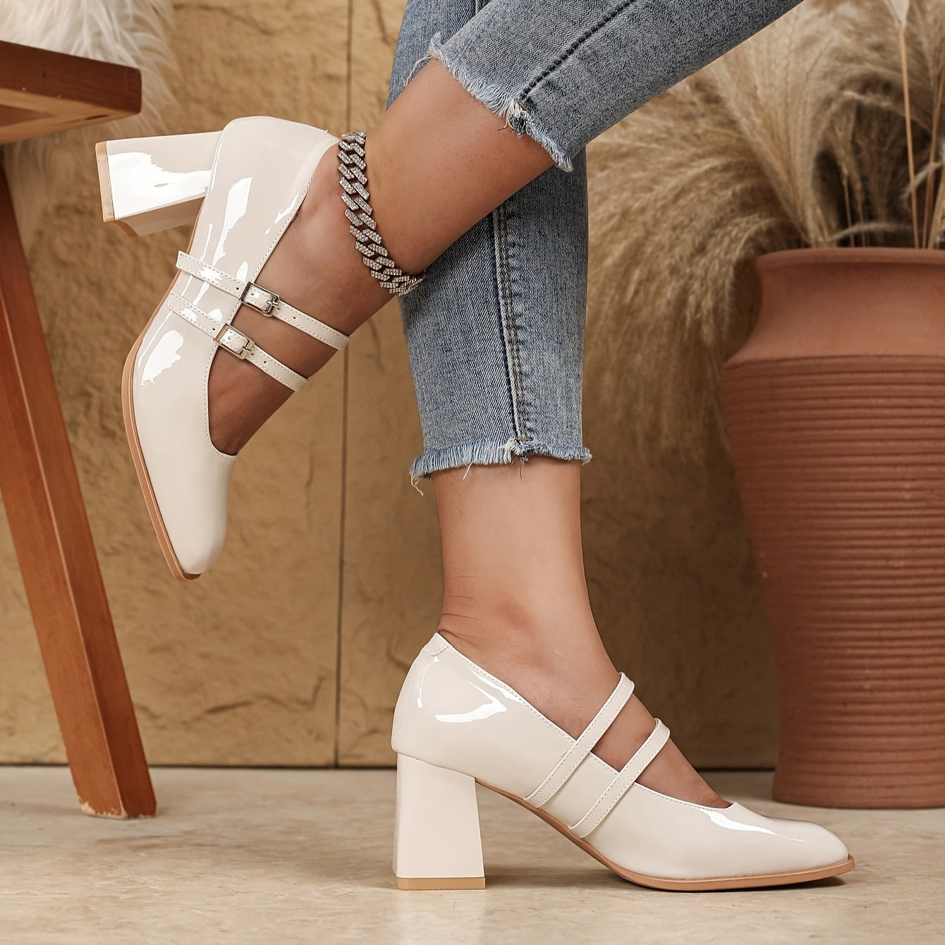 Women's Faux Cover Mary Jane Pumps with Chunky Heel and Square Toe