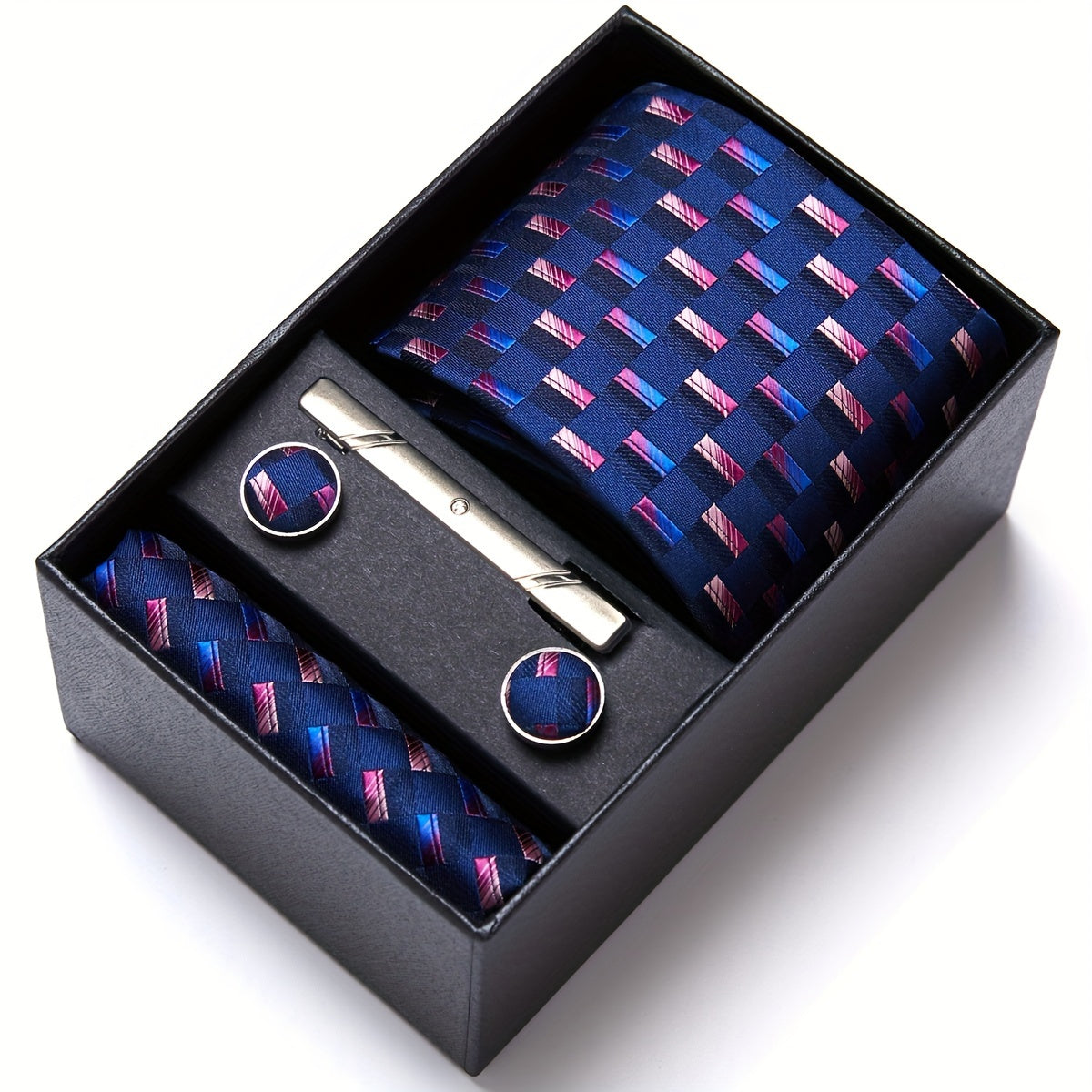 Men's Blue Tie Set with Pocket Square Cufflinks and Tie Clip for Weddings and Occasions
