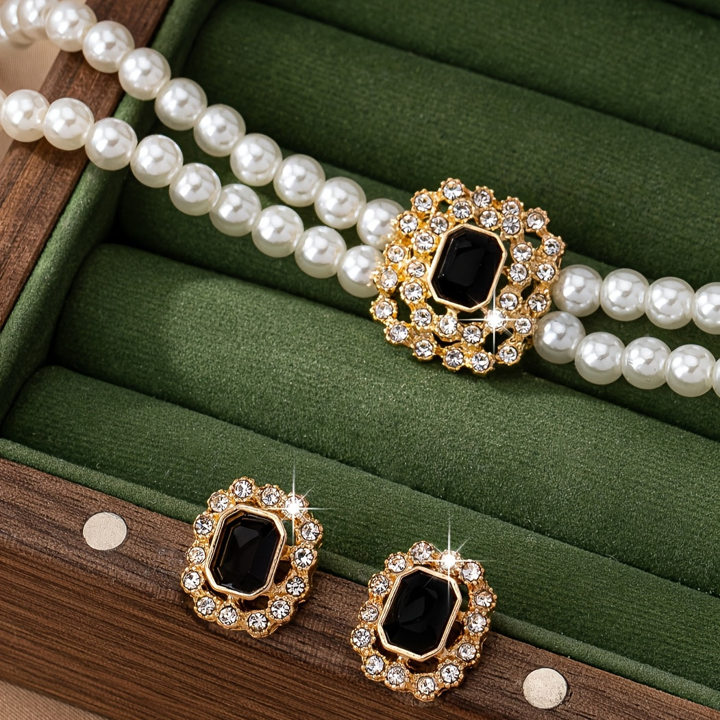 Women's Elegant Double Row Square Necklace and Earring Set Silver Tone