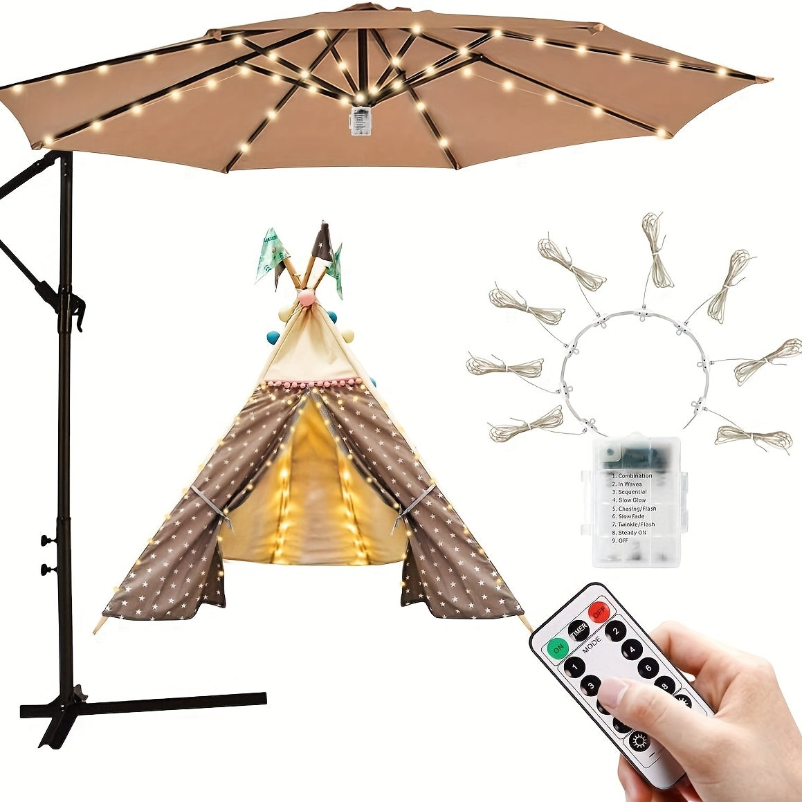 Cordless Outdoor Patio Umbrella Lights with Remote Control LED Battery Operated