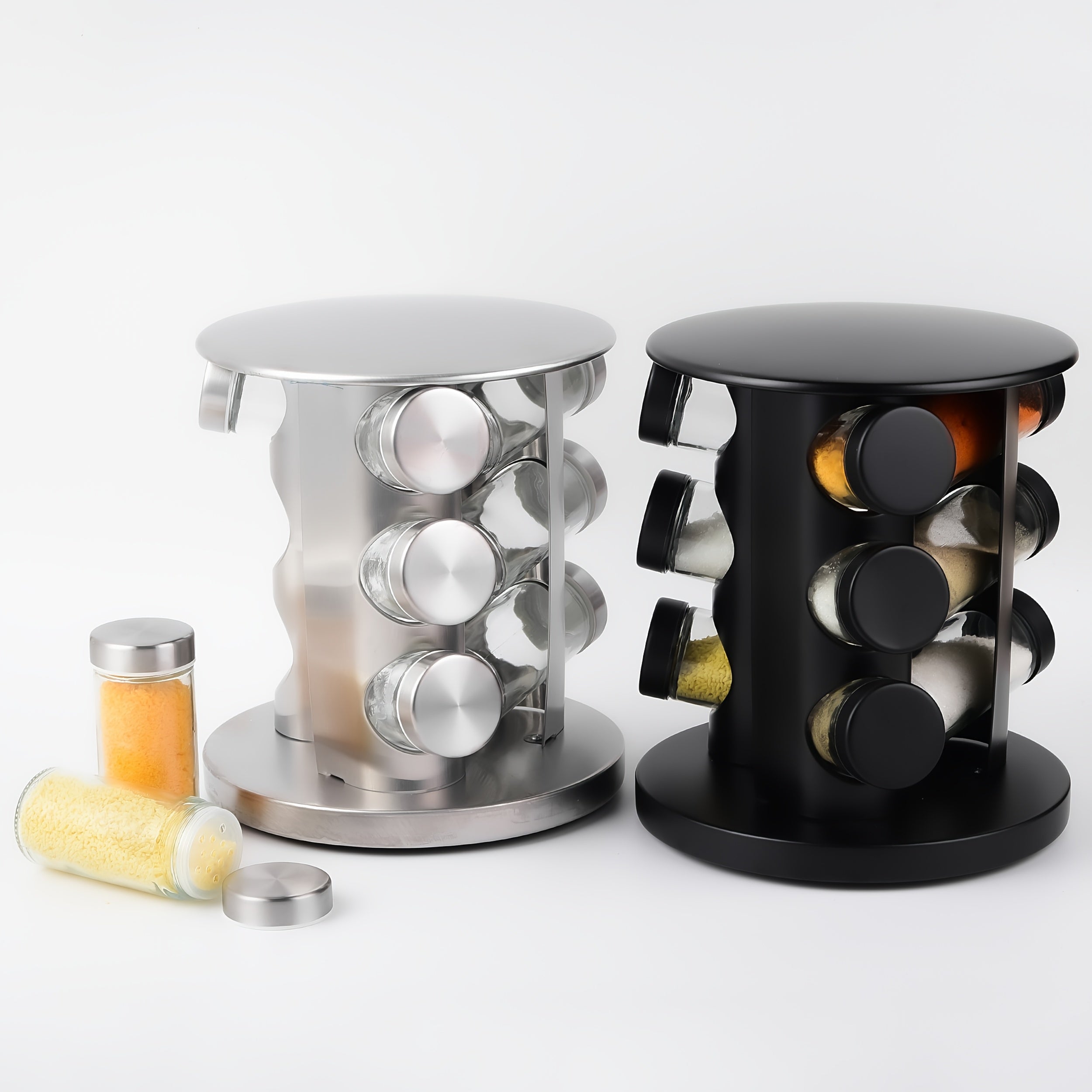 Golden Rotating Spice Jar Set with 9 Glass Jars and Revolving Storage Rack
