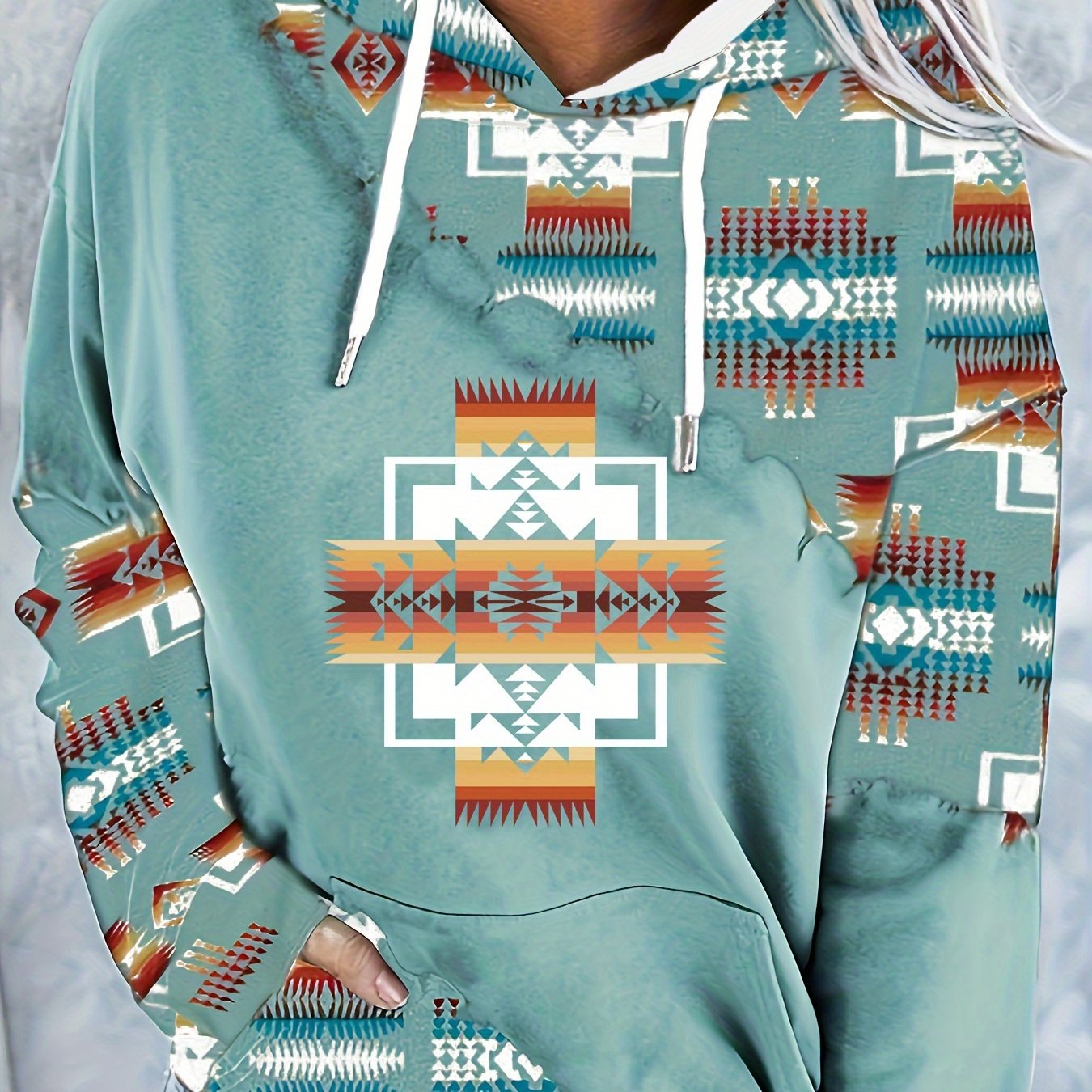 Plus Size Women Hoodie Casual Patchwork Digital Print Pullover with Pockets