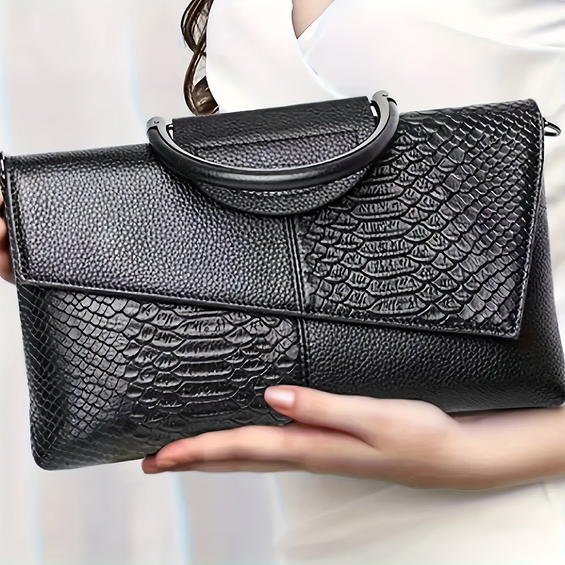 Crocodile Pattern Faux Leather Handbag for Work and Shopping Black