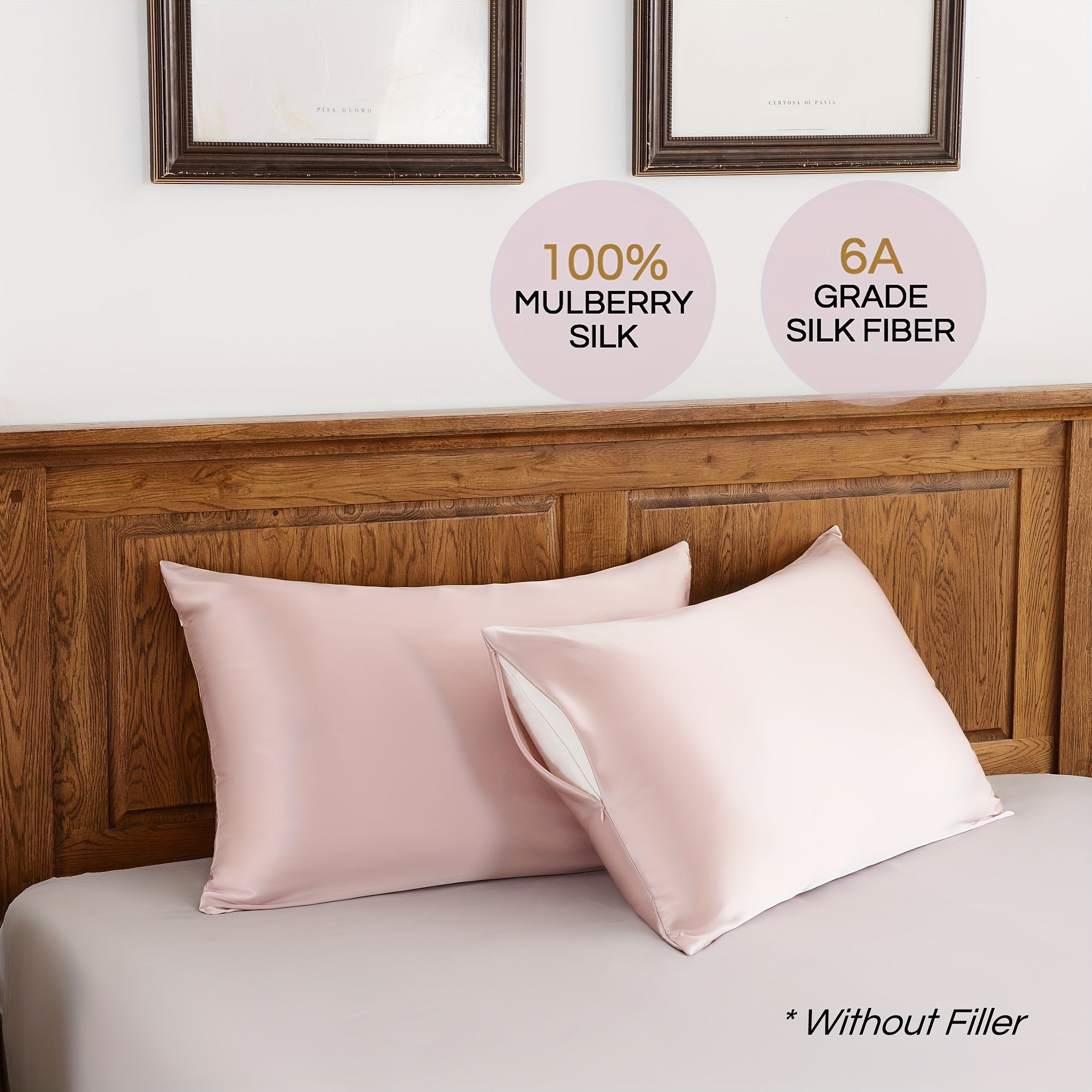 Set of 2 Mulberry Silk Pillowcases Hypoallergenic Satin Weave Solid Color Invisible Zipper Machine Washable Skin Hair Care