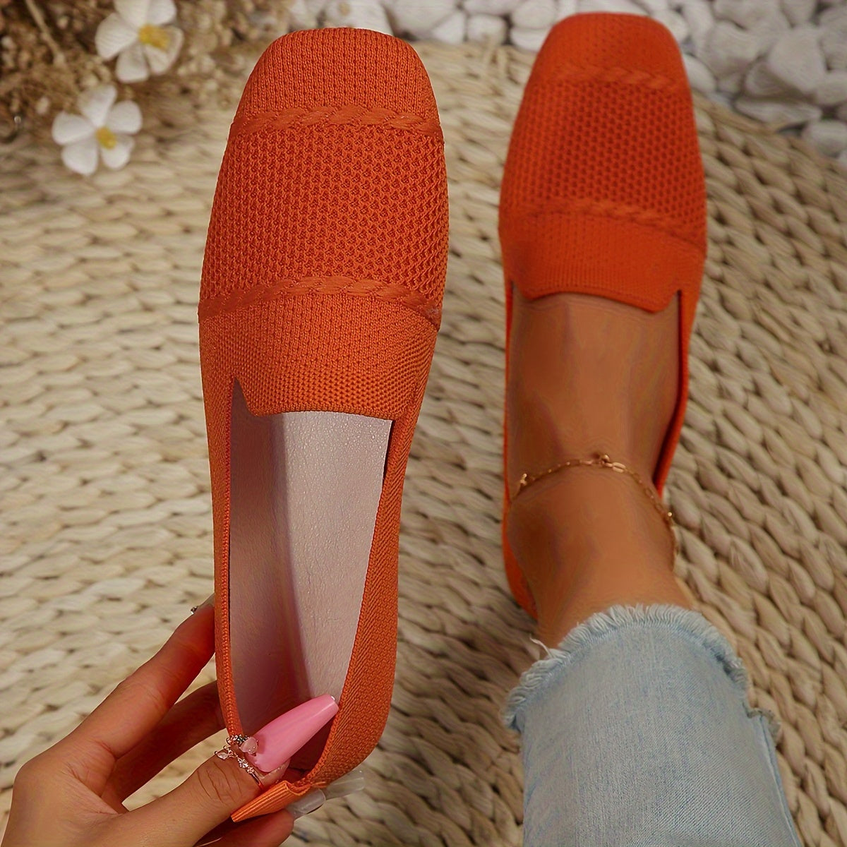 Zapatos de mujer sin cordones con tela de punto transpirable, ligeros, punta cuadrada, para todas las estaciones, ballet