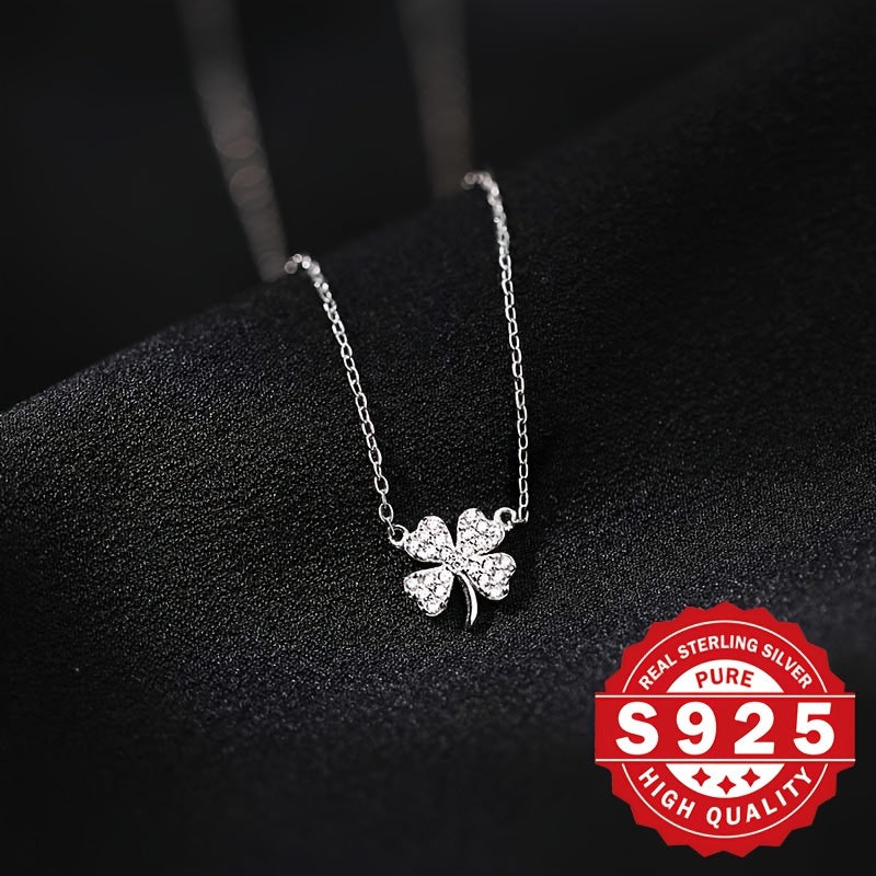 Zarif S925 Sterling Silver To'rt Yaproqli Klover Marjon, Kubik Zirkoniya bilan bezatilgan - Hissiy Teriga Mos, Ayollar uchun Ideal Sovg'a