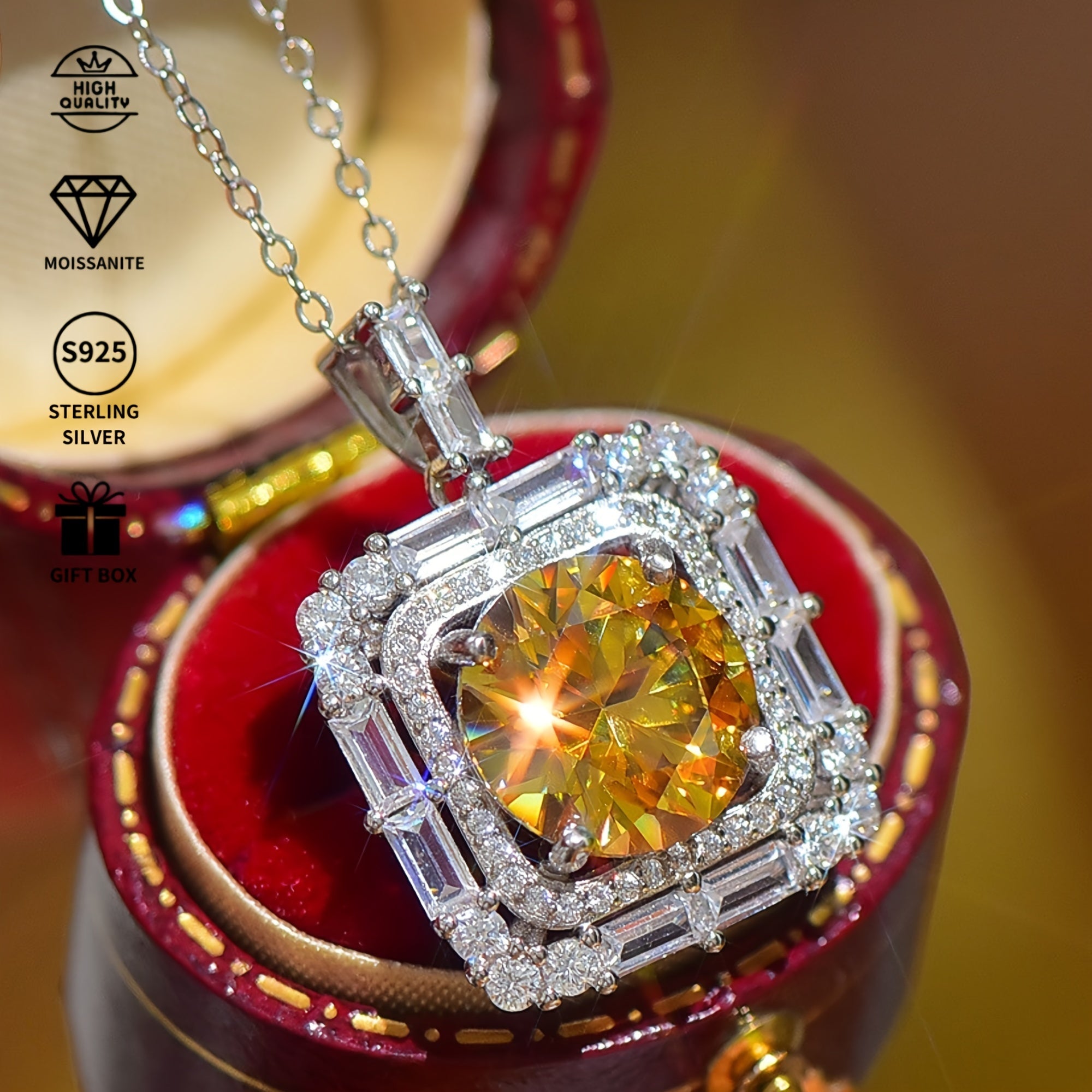 Sterling Silver Square Pendant Necklace 5 Carat Yellow Moissanite Jewelry