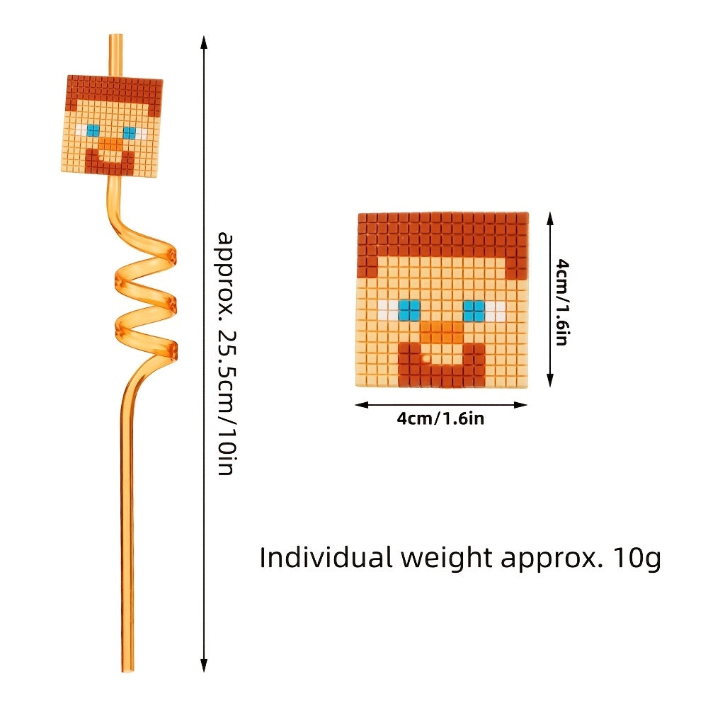 Pixelated Character Curved Drinking Straws Reusable Spiral Party Accessories