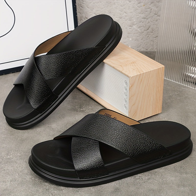 Men's Ultrafine Fiber Open-Toe Slides Black Gray Non-Slip Casual Outdoor