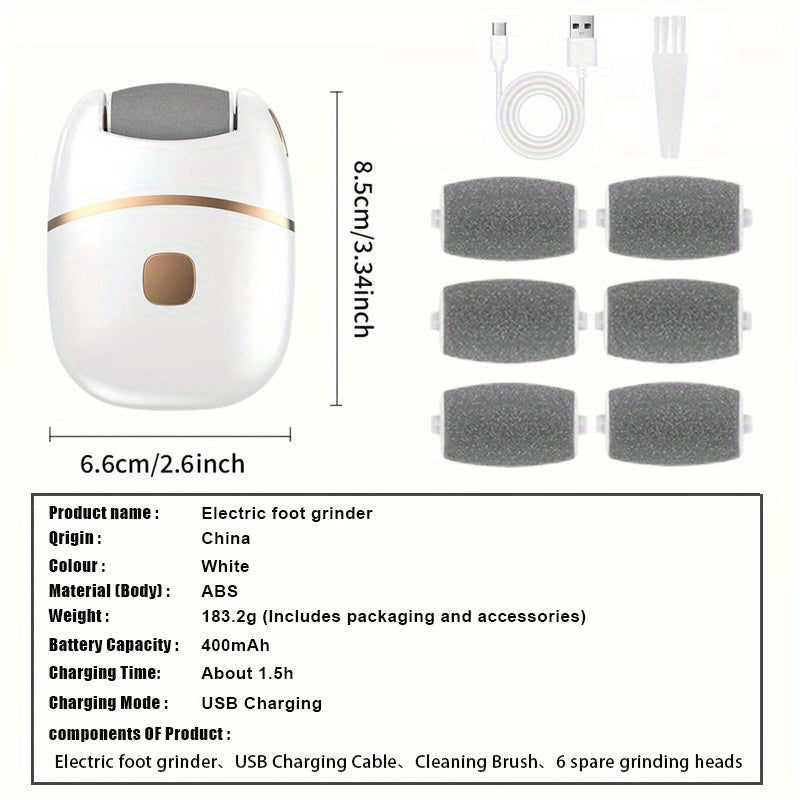Electric Foot Callus Remover Rechargeable Pedicure Kit with 6 Grinding Heads and Replaceable Rollers