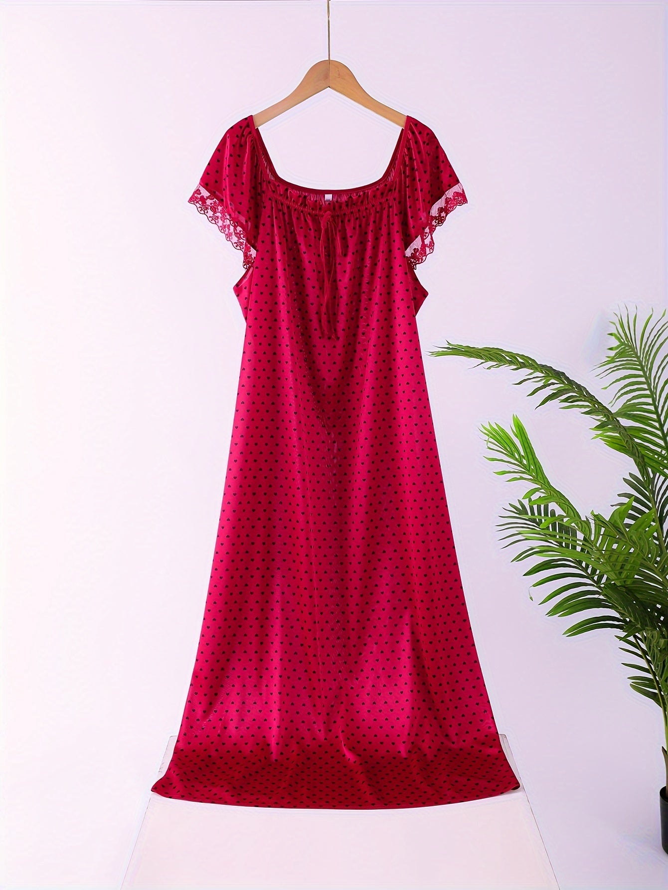 Women's Plus Size Heart Print Lace Sleep Dress Short Sleeve Lounge Wear