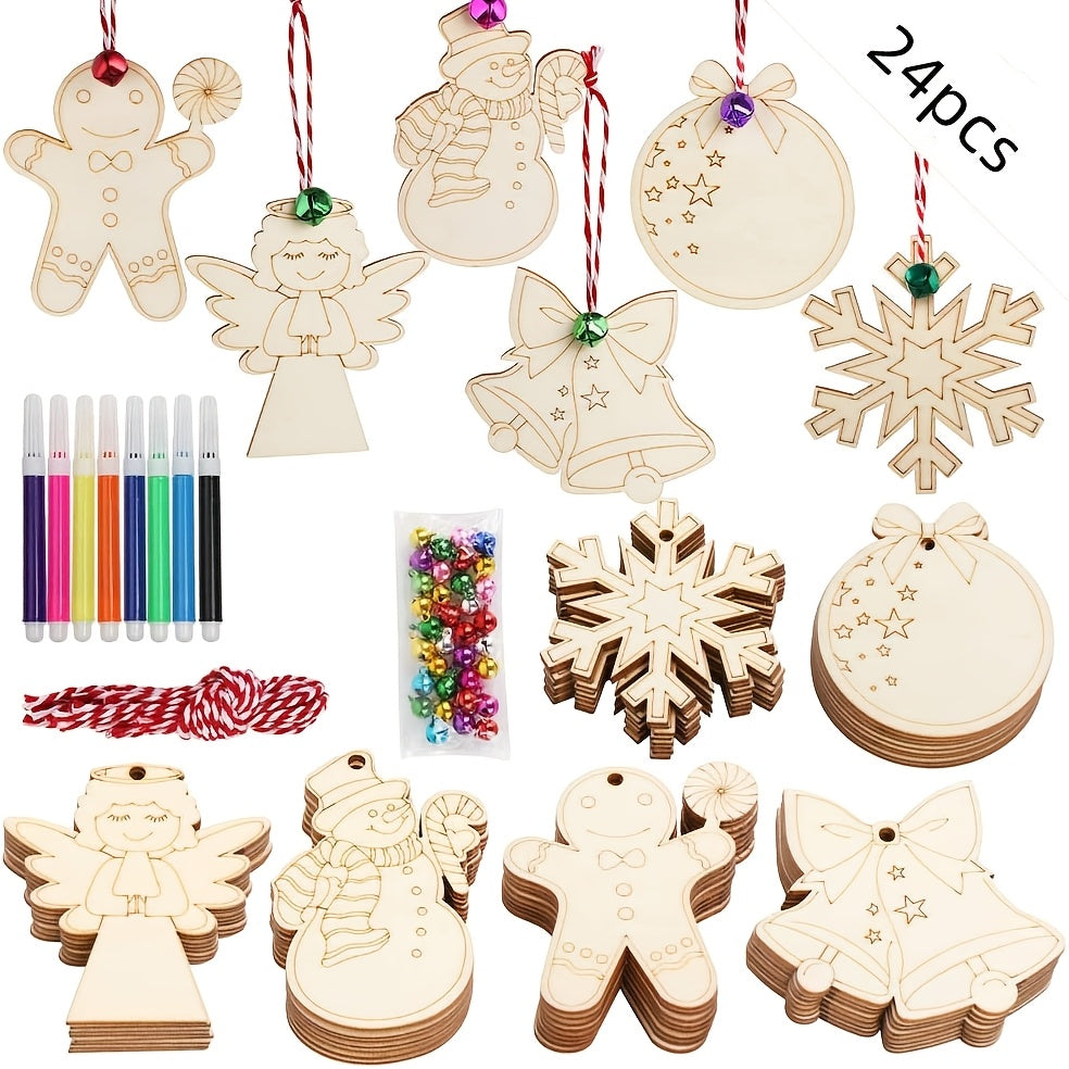 24 ta bo'yalmagan yog'och Rojdestvo bezaklari to'plami, bolalar uchun bezash uchun, 6 xil dizaynni o'z ichiga oladi. 24 xil xilma-xil qo'ng'iroq, 8 ta marker va Rojdestvo paytida daraxtga osish uchun 24 ta qizil va oq ipni o'z ichiga oladi.