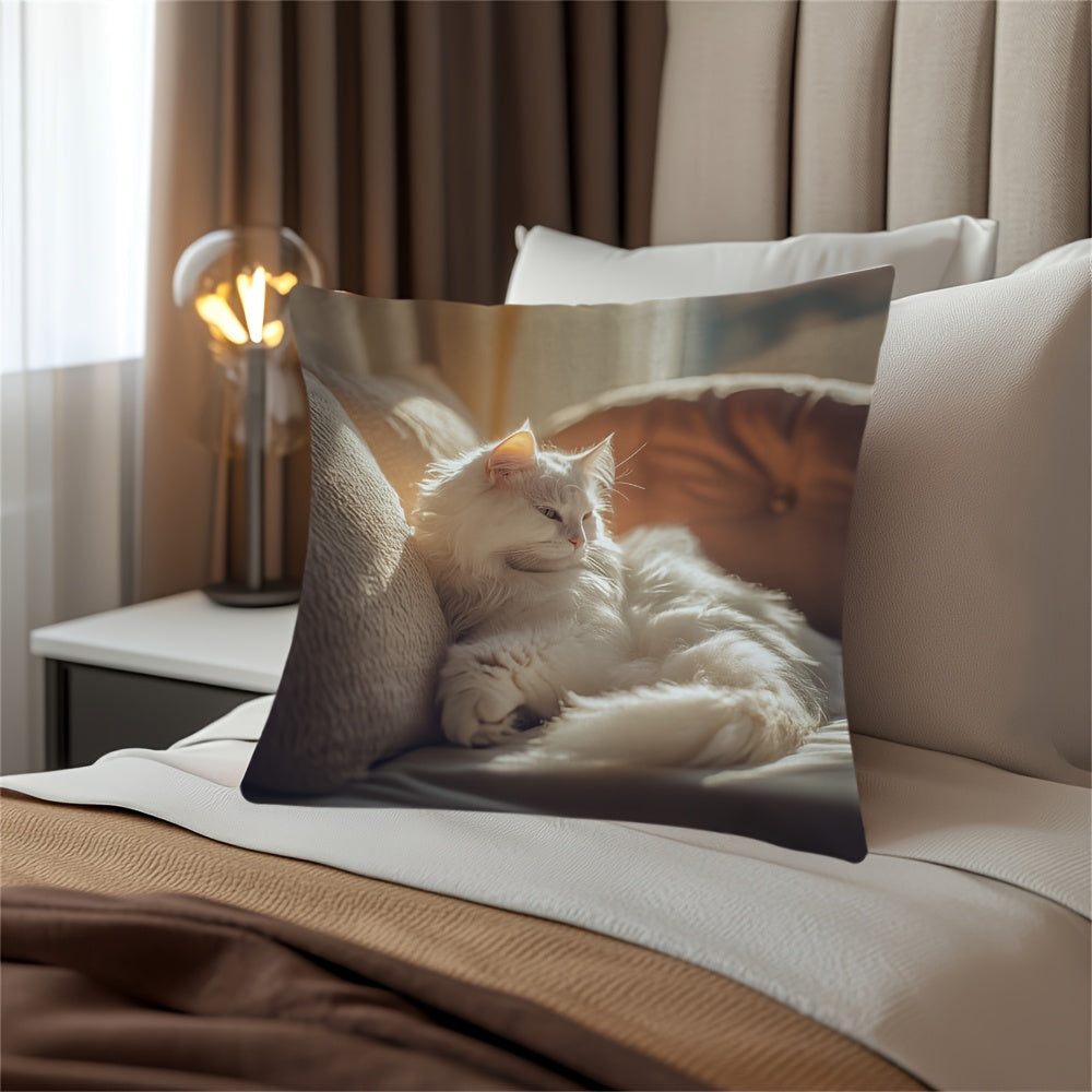 White Cat Print Cushion Cover Reversible Polyester Farmhouse Style Home Decor
