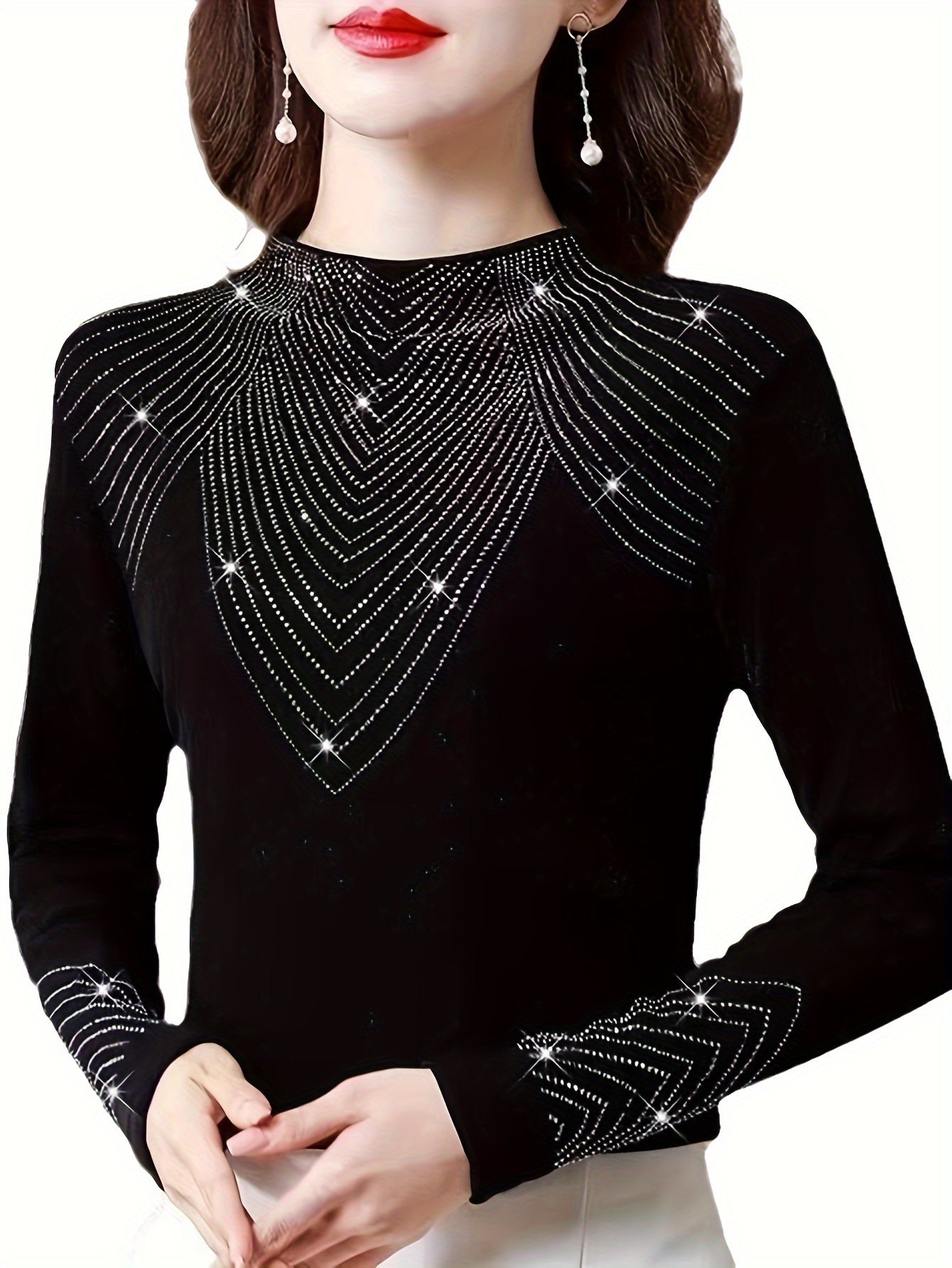 Women's Sweater with Rhinestone Decoration Long Sleeve Fall Winter Cozy Slim Fit