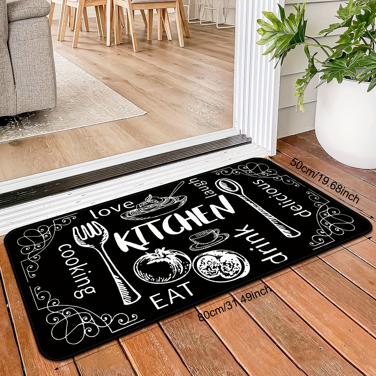 Black Kitchen Floor Mat Non-Slip Washable with Cooking and Dining Themes for Doorways Laundry Bathroom