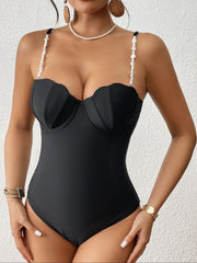 Off-Shoulder One-Piece Swimsuit with Shell-Shaped Padding and Pearl Chain Detail