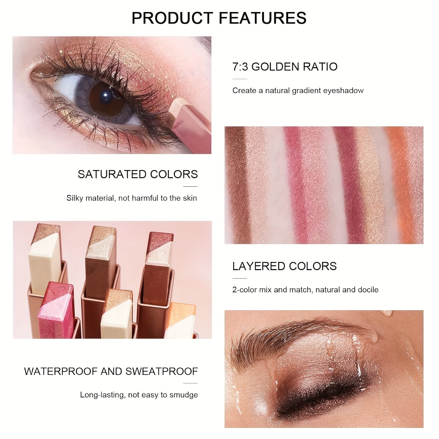 6 Pcs Eye Shadow Sticks Dual-Color Matte Satin Waterproof Makeup Kit