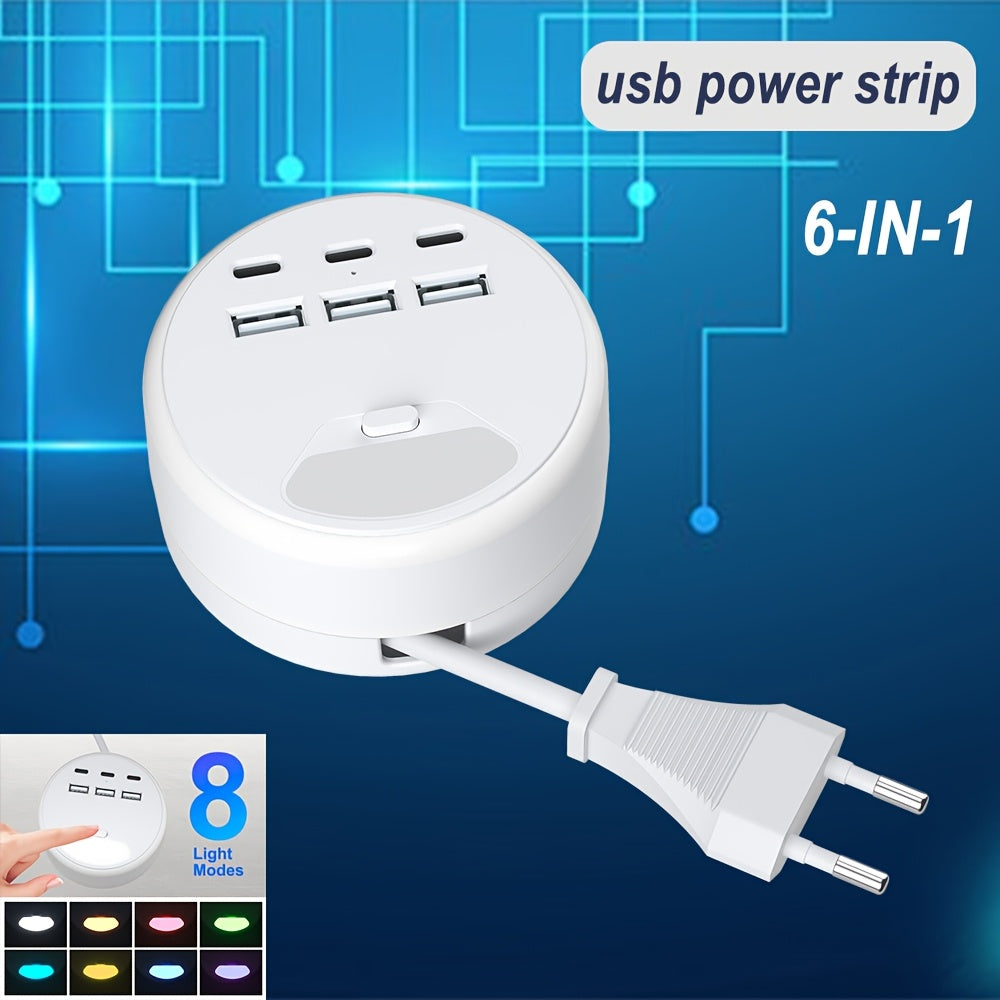 Estación de carga USB de 6 puertos con 3 puertos USB-A y 3 puertos USB-C, cable de extensión ultrafino para viajes y oficina en casa