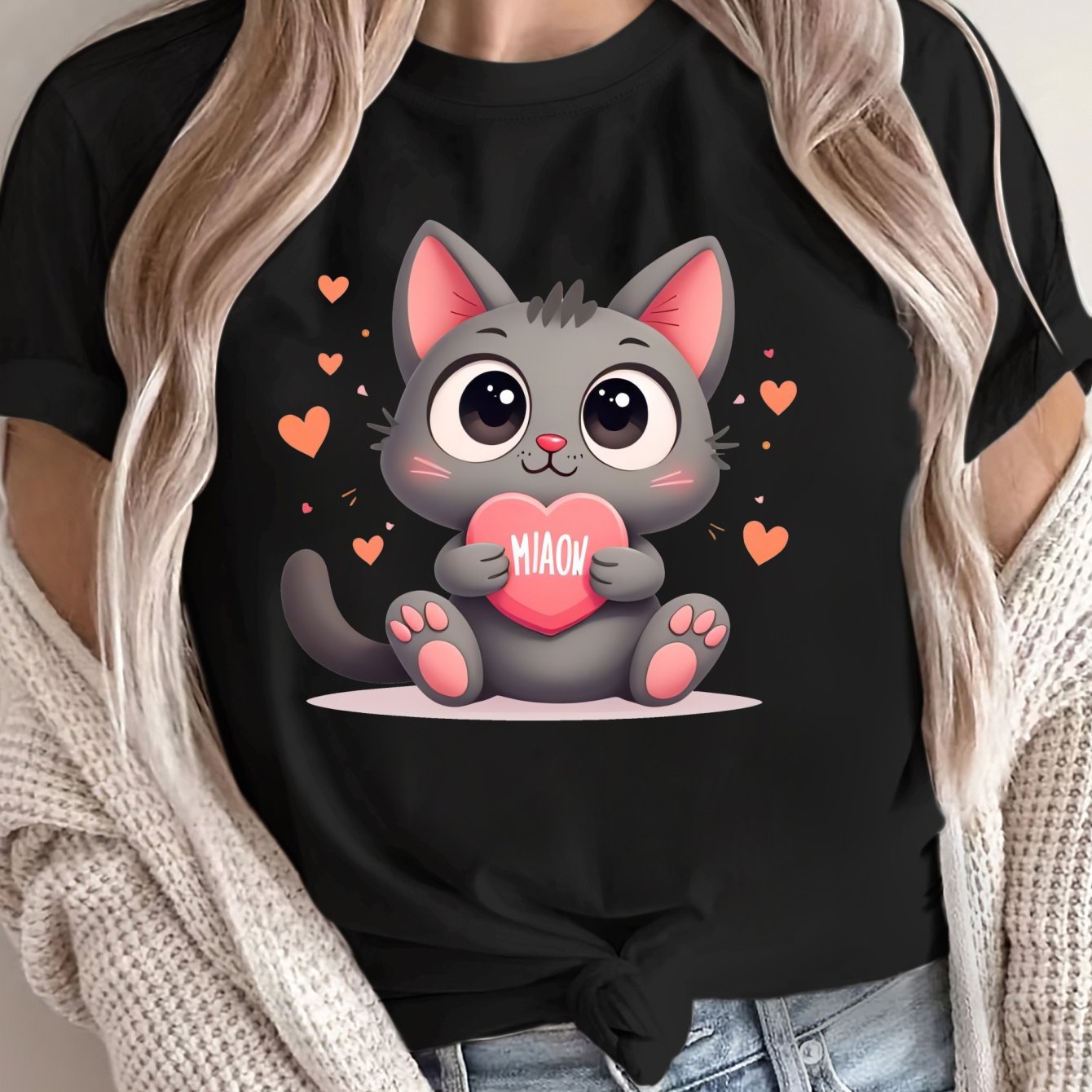 Camiseta de gran tamaño para mujer de corte holgado, algodón suave y transpirable, camiseta con gráfico de gato