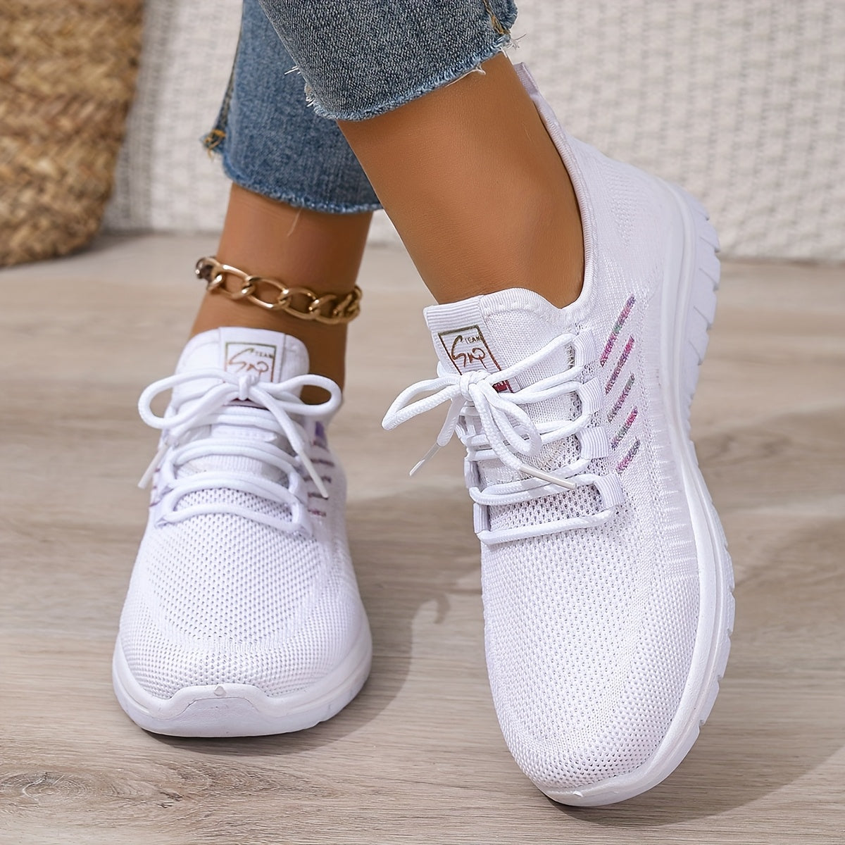 Women's White Plus Size Casual Sneakers Breathable Fabric Comfort Lace-Up