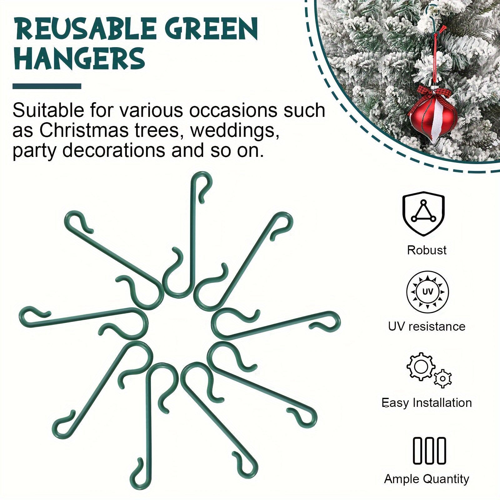100/200 Pcs Reusable Green Plastic Christmas Ornament Hooks for Lights and Decorations
