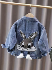 Girls Denim Jacket with 3D Bunny Applique Long Sleeve Casual Spring Fall