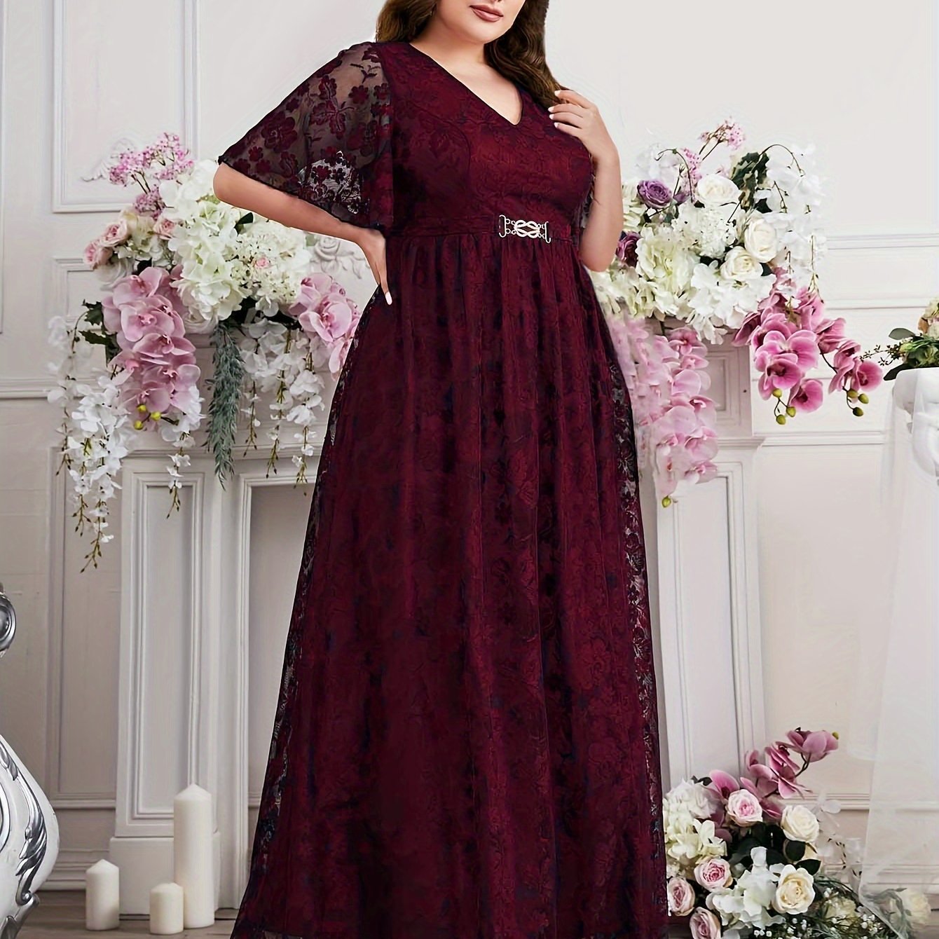 Plus Size Women's V-Neck Lace Dress with Waist Belt for Formal Weddings Black