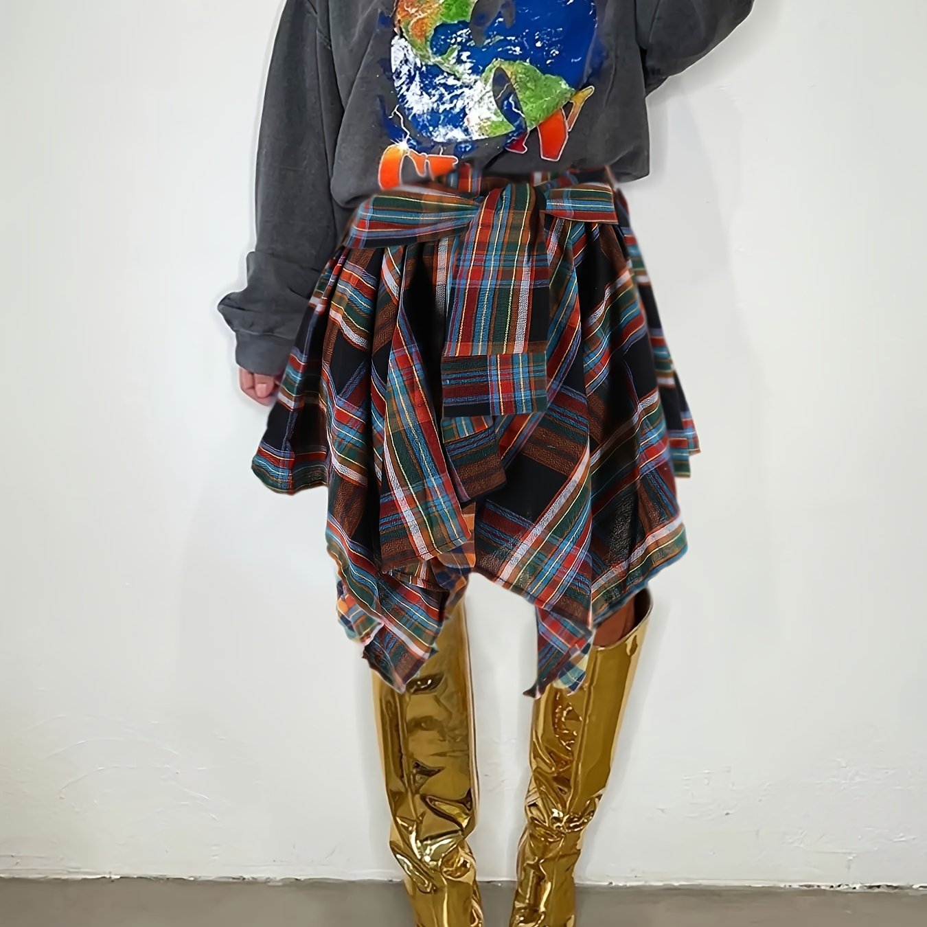 Plus Size Women’s Plaid Irregular Short Skirt Faux Two-Piece Casual Wear