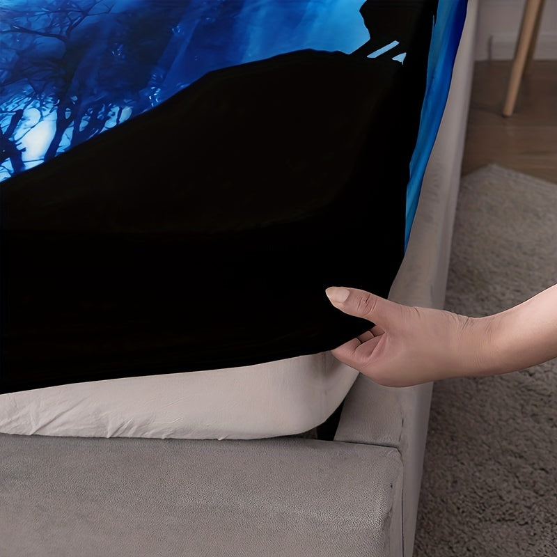 Fitted Sheet Set with Dark Wolf Forest Animal Pattern 3 Pieces Soft Cozy Bedding